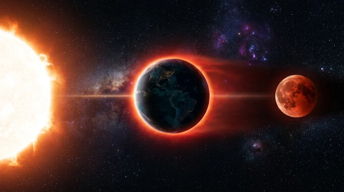 Diagrama espacial de la alineación perfecta de los tres cuerpos celestes - Eclipse lunar sangre gravedad