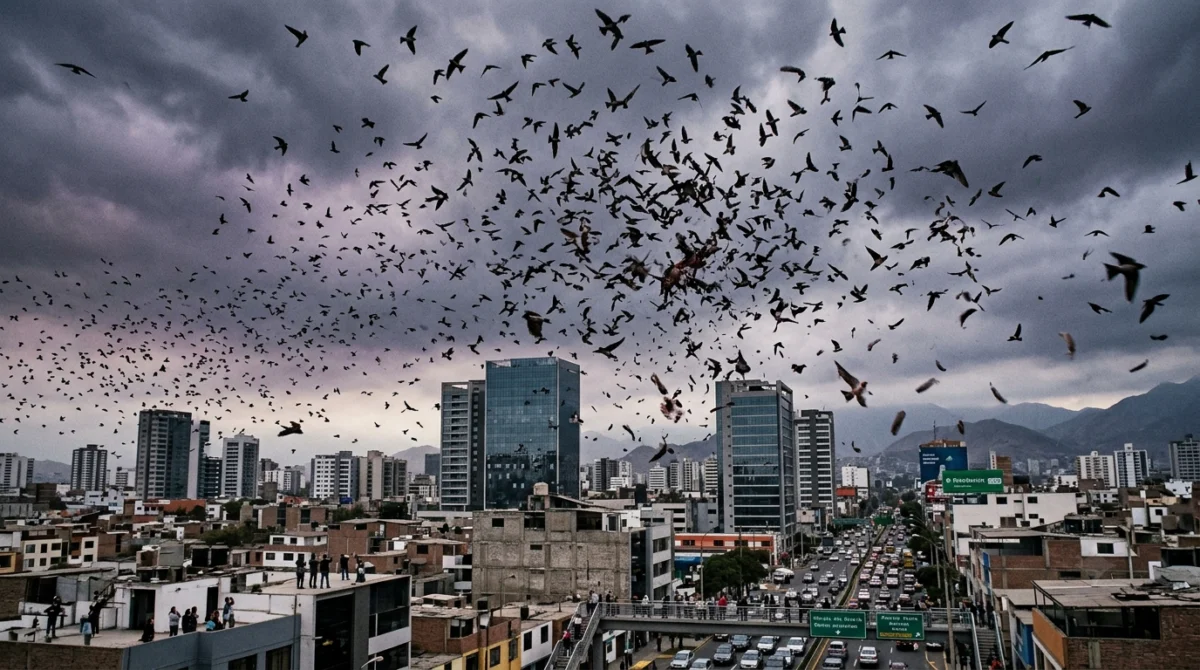 Bandada de pájaros volando en círculos caóticos sobre la ciudad - Inversion polos magneticos