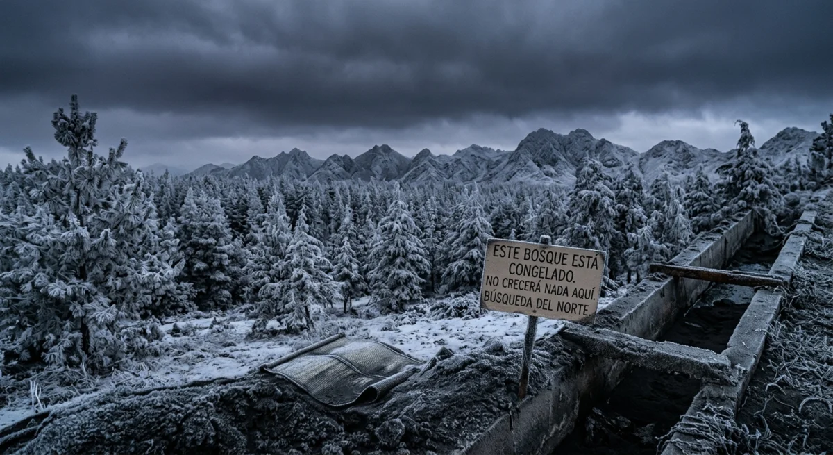 Bosque boreal cubierto de escarcha bajo un cielo nublado perpetuo