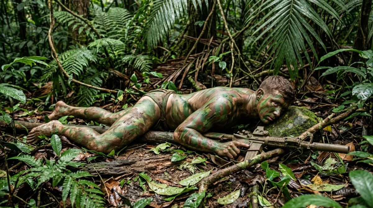 Soldados acechando en la selva con su piel adaptada a las hojas verdes
