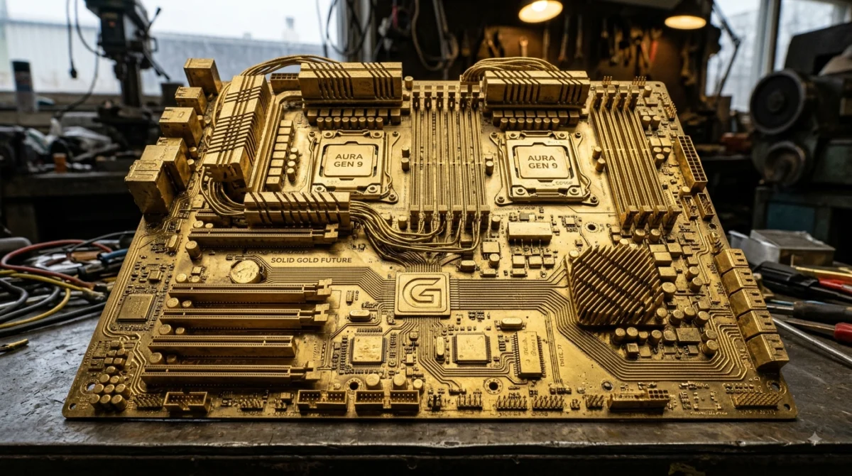 Placa base de computadora hecha casi enteramente de oro brillante