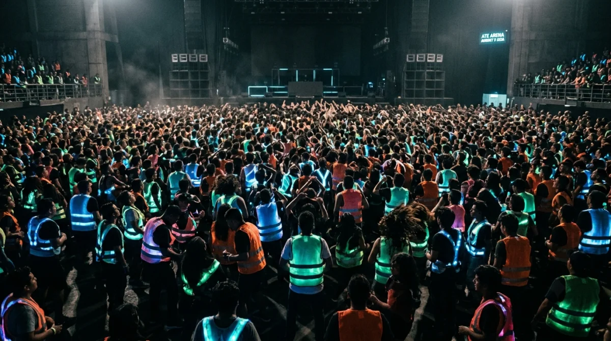 Multitud disfrutando de un concierto con chalecos hápticos gigantes - Perdida de la audicion evolucion