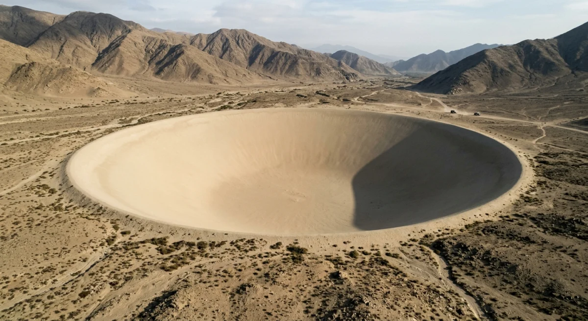 Cráter gigante en el desierto pero sin ningún tipo de escombros o polvo