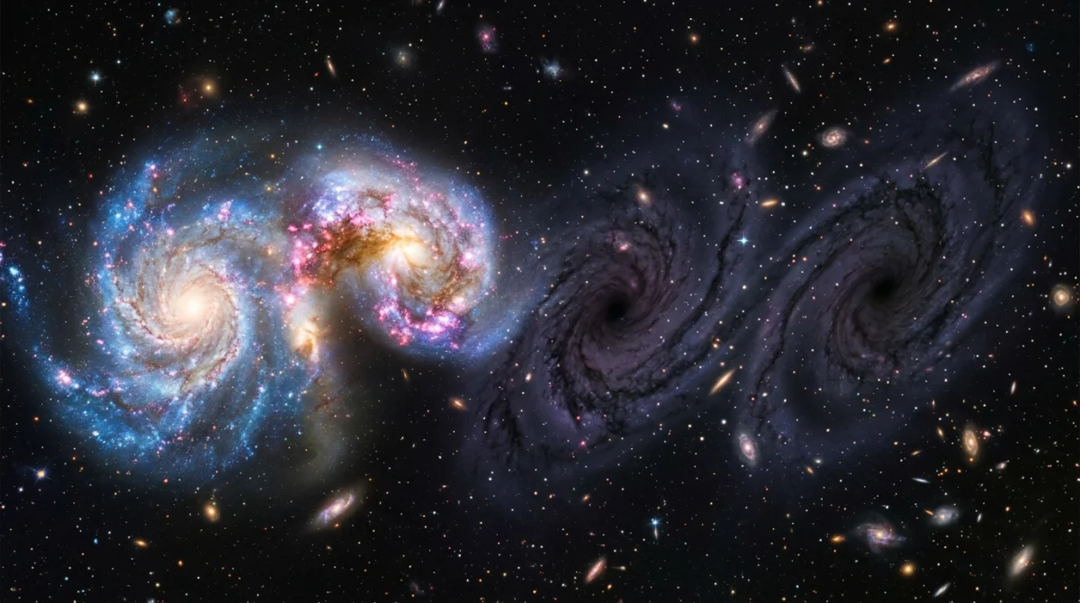 Cielo nocturno mostrando galaxias oscuras superpuestas a las normales - Materia espejo universo paralelo