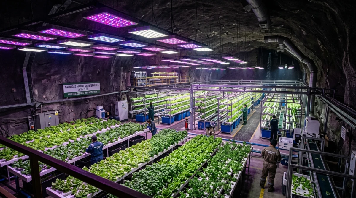 Granja subterránea gigante iluminada por luces LED moradas - Cometa gigante bloquea sol