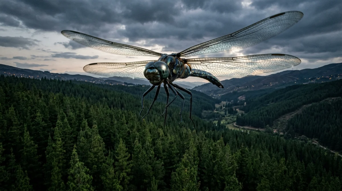 Libélula con envergadura de águila volando sobre el bosque - Oxigeno al doble insectos