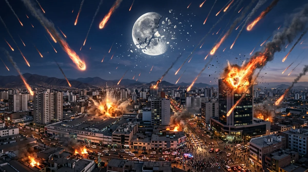 Meteoritos lunares cayendo como fuego sobre una metrópolis - Luna se destruye