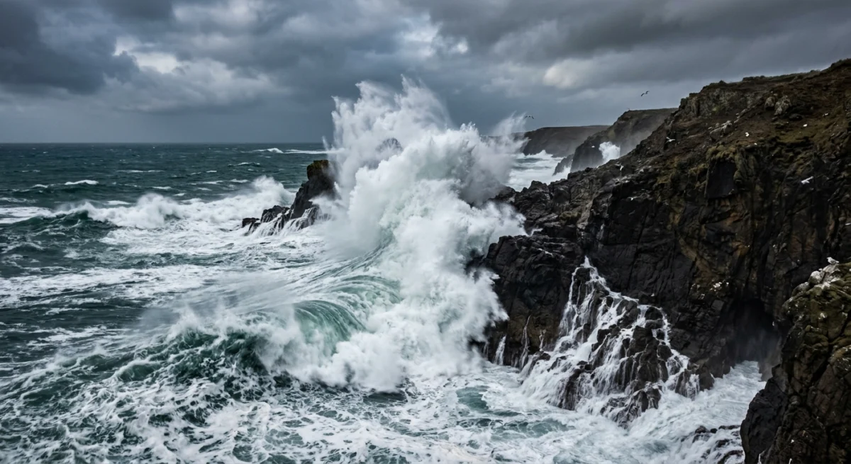 Olas gigantes golpeando violentamente un faro costero durante la marea alta