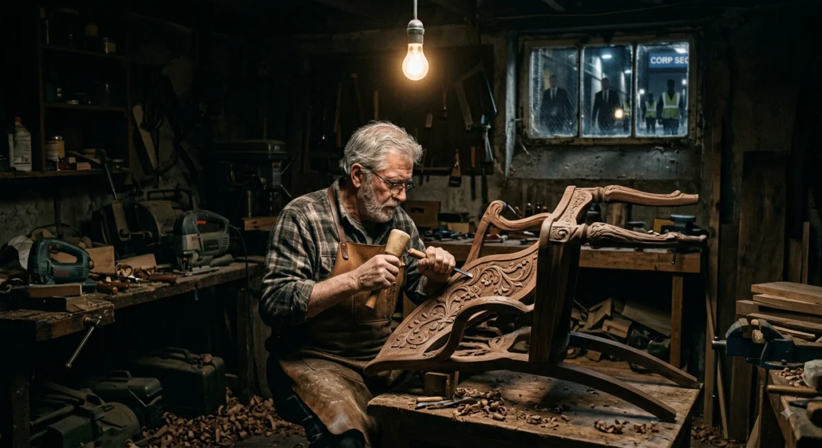 Artesano secreto tallando una silla de madera sin el logo oficial