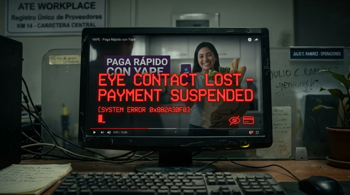 Pantalla de anuncio detenida con un aviso de 'ATENCIÓN REQUERIDA PARA PAGO' - Pago por ver publicidad