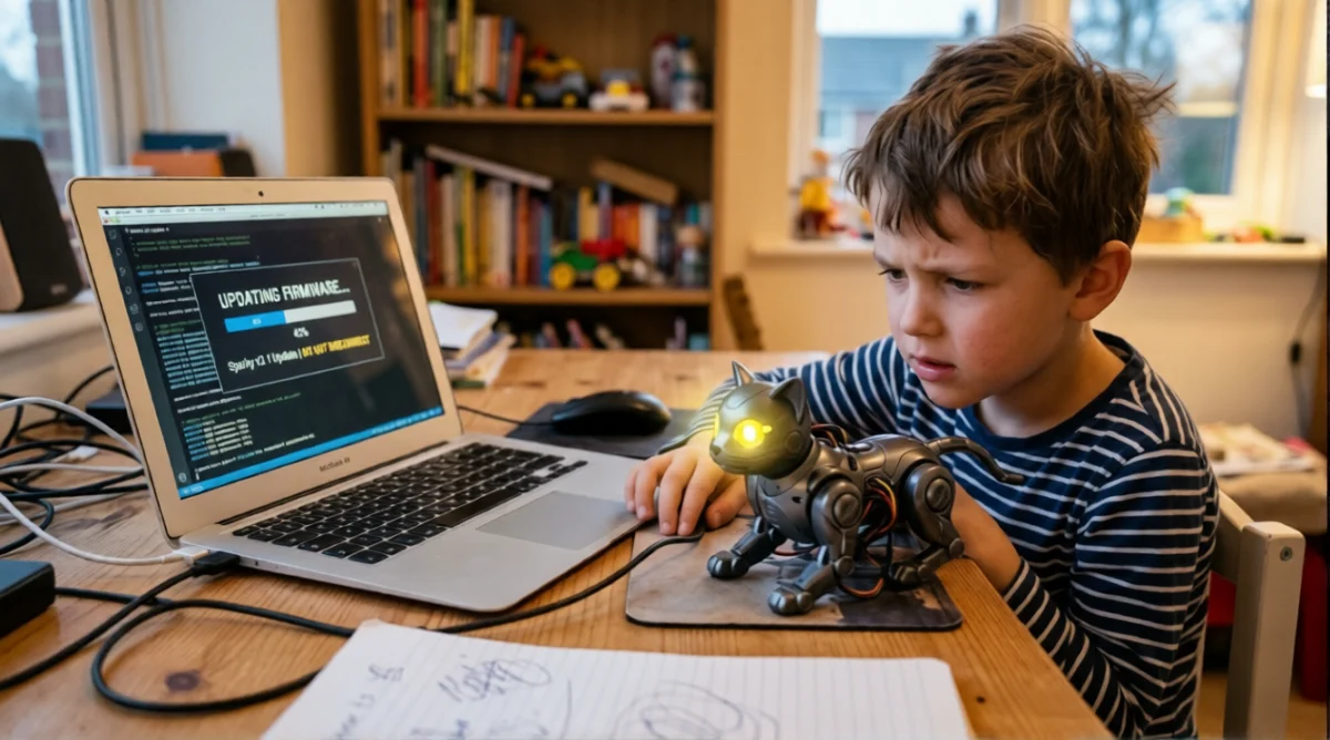 Niño triste mirando a su mascota robótica conectada a un cable de actualización