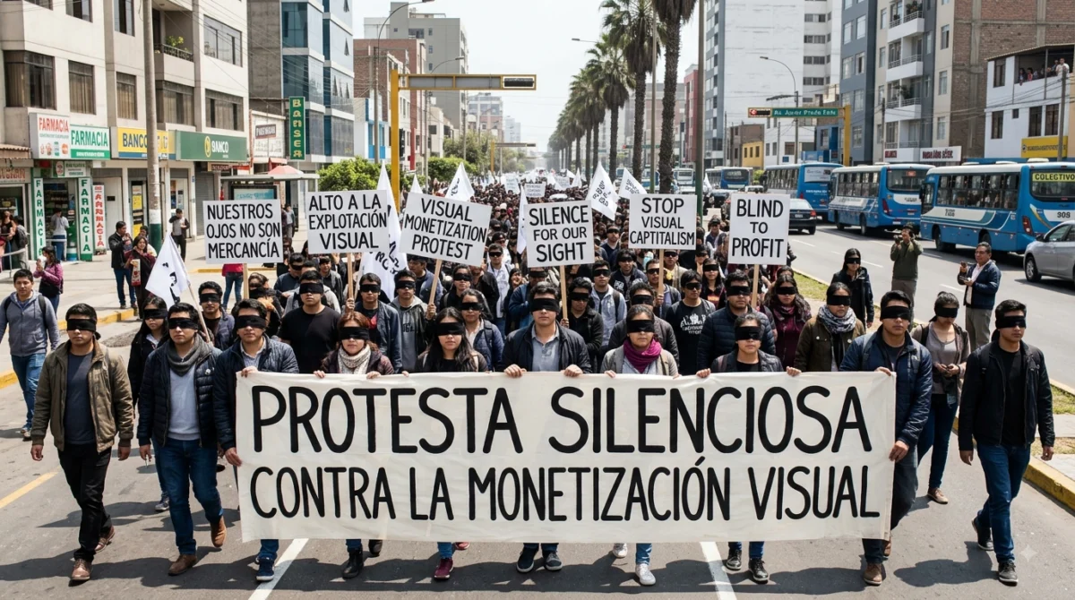 Manifestantes con los ojos vendados marchando en silencio