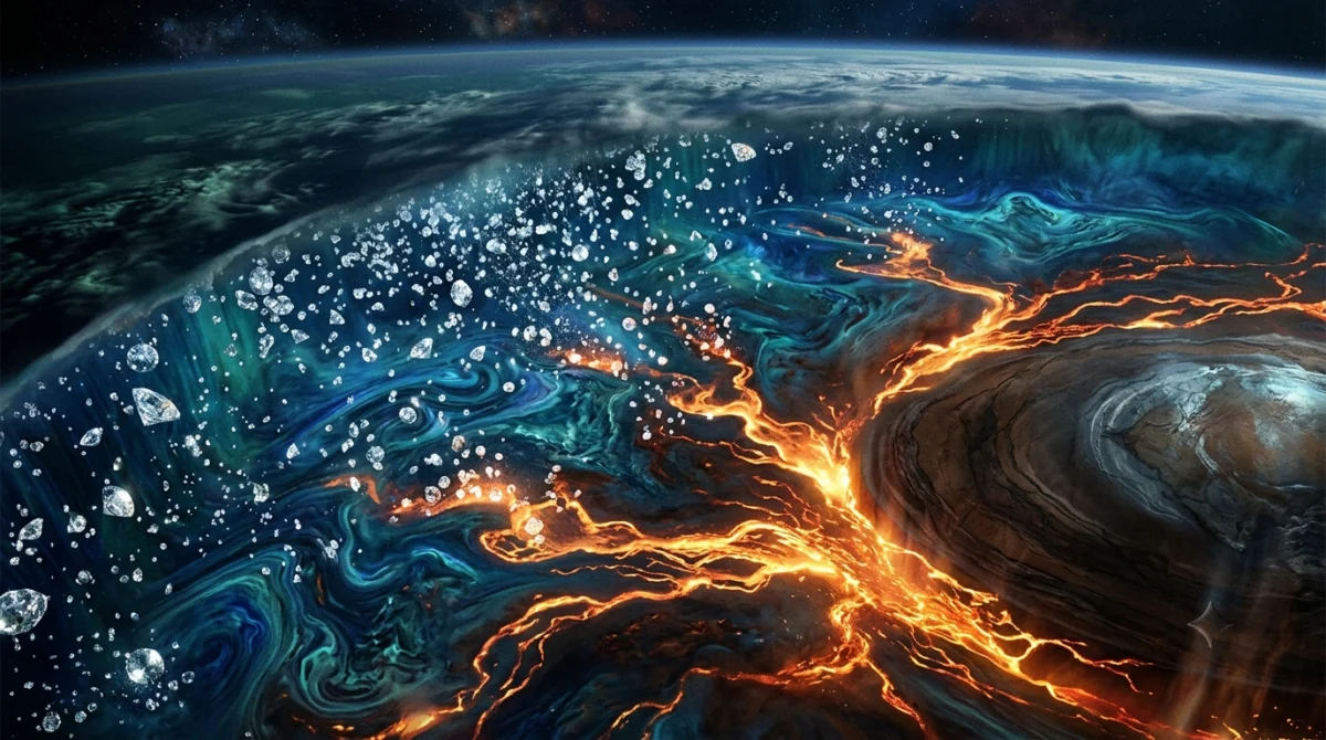 Interior de un planeta gigante con ríos de carbono fundido - Lluvia de diamantes neptuno