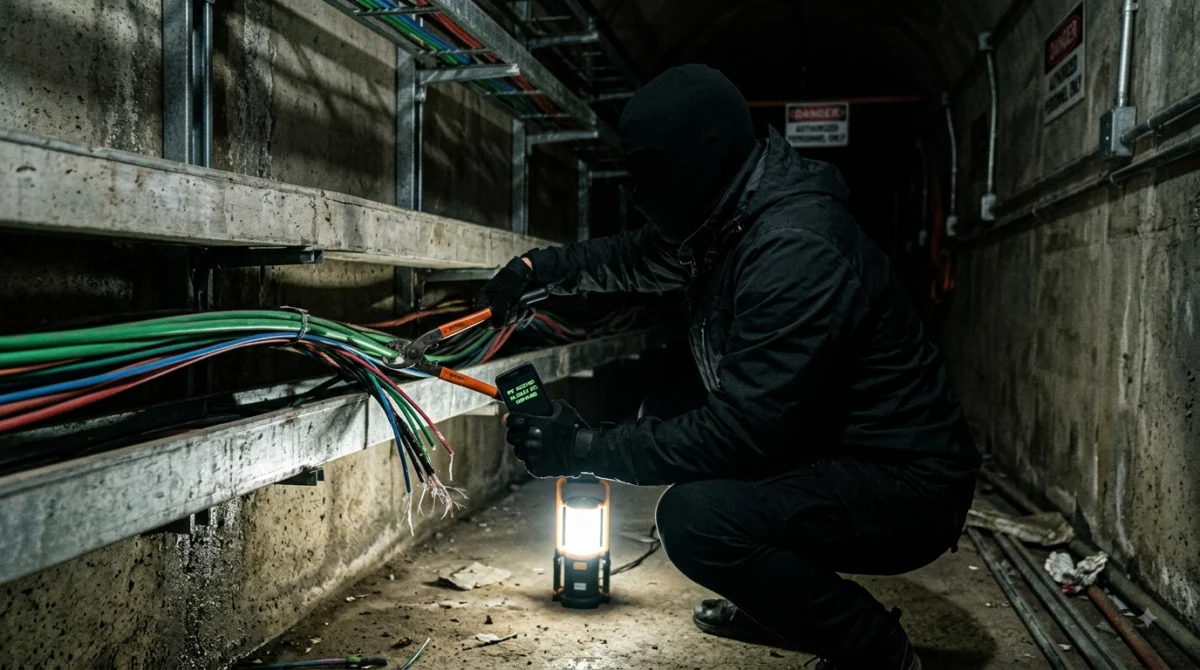 Mercenario cortando cables de fibra óptica pagado por fondos de inversión