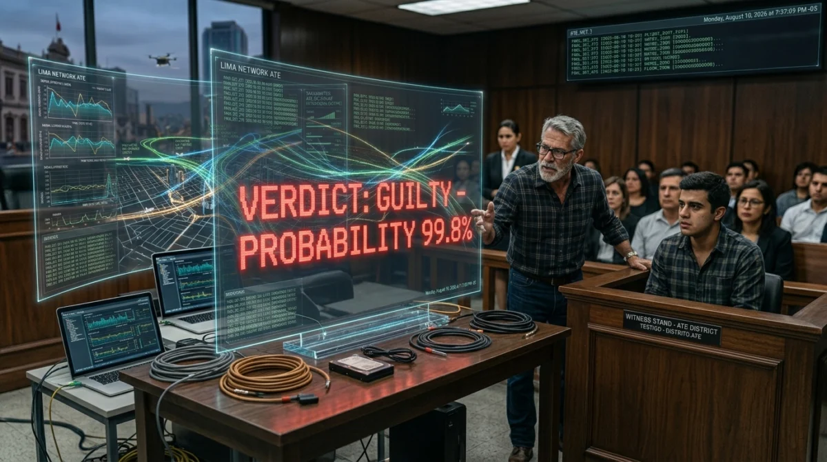 Pantalla gigante mostrando un veredicto de culpable en milisegundos