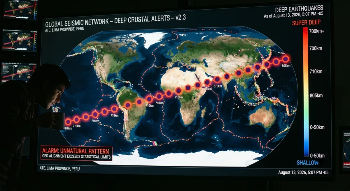 Mapa de terremotos mostrando una línea recta perfecta a través del planeta