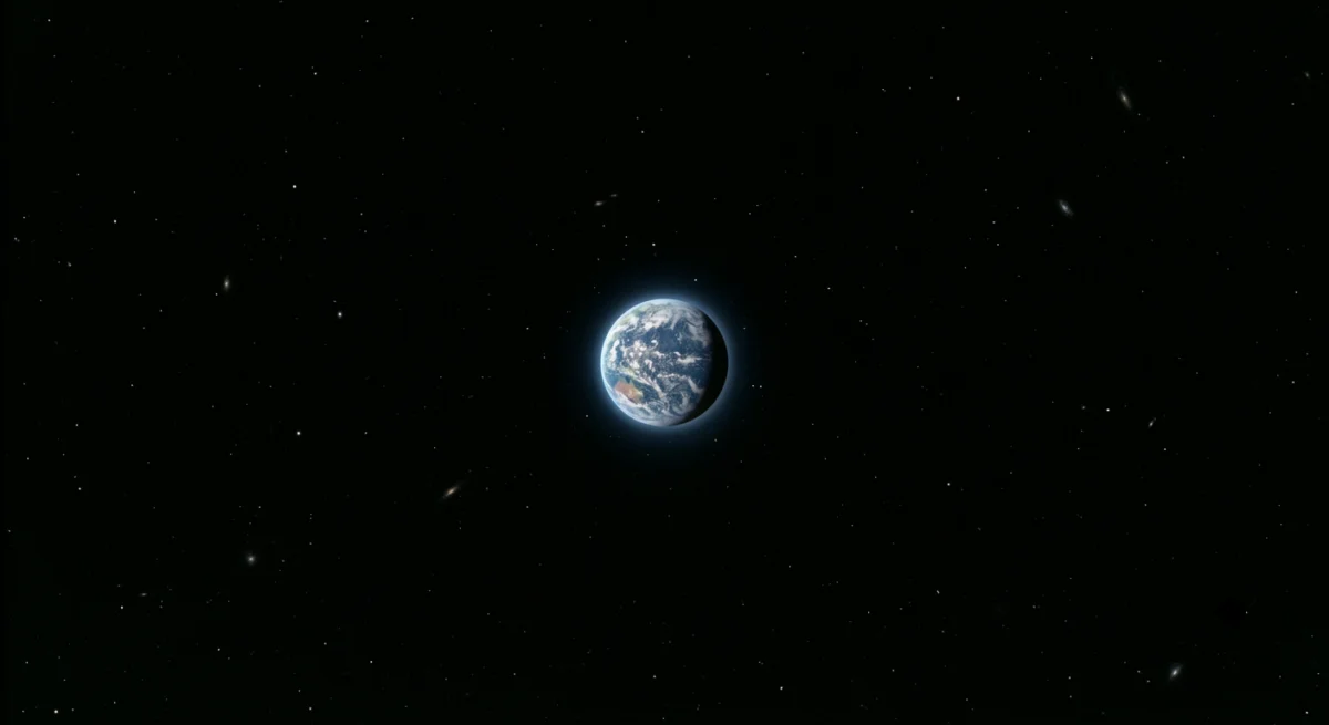 Planeta Tierra diminuto y solitario flotando en la inmensidad oscura
