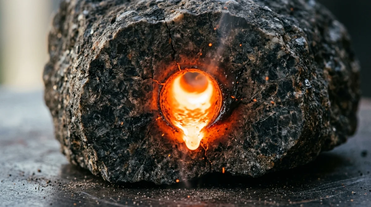 Corte de roca mostrando un túnel microscópico perfecto de magma - Micro agujero negro
