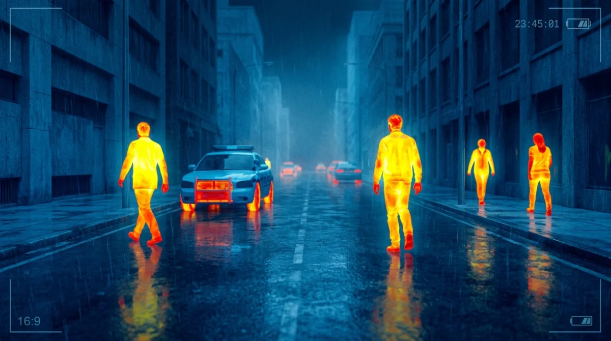 Vista térmica en primera persona de personas caminando en la calle - Vision infrarroja humana