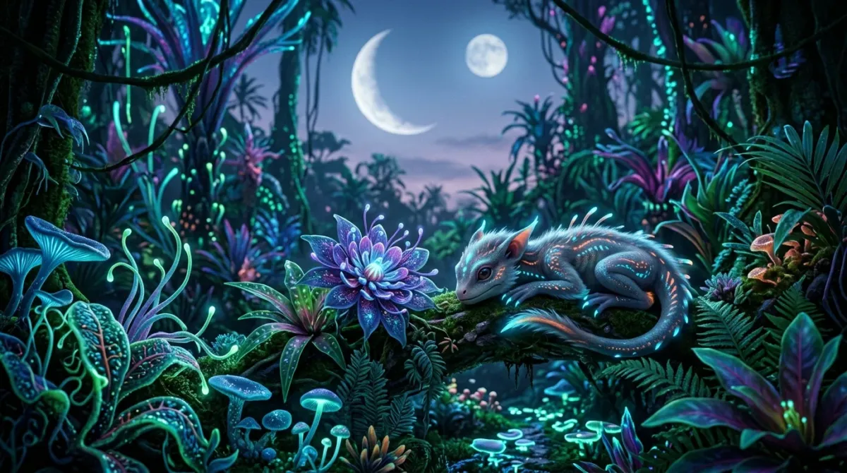 Ecosistema alienígena con fauna bioluminiscente